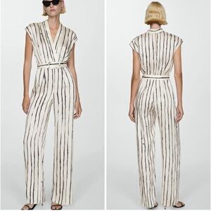 Mango Striped V-Neck Wide-Leg Jumpsuit - Cream/Black / Blue belted Satin